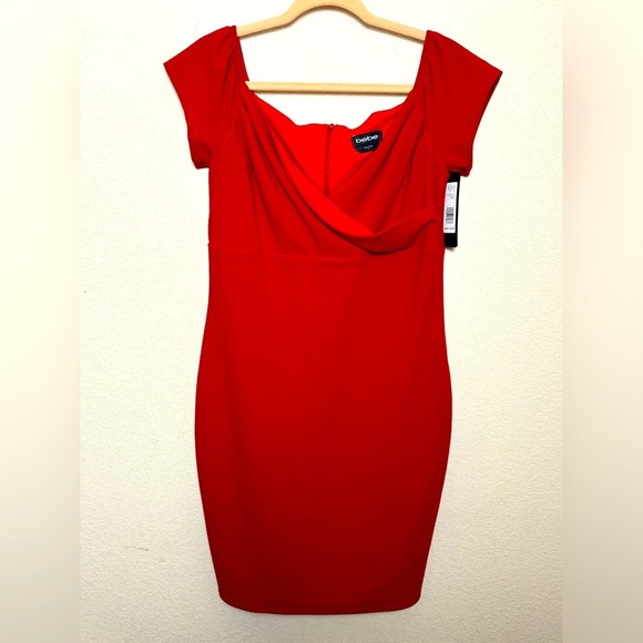 NWT Bebe Lipstick Red Bodycon Cap Sleeve Wrap Front Stretch Sheath Dress 12 - Picture 1 of 8